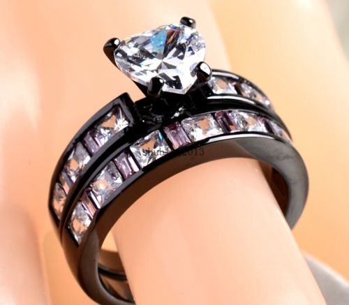 Exquisite 2024 Women's 10Kt Black Gold Filled Sapphire Simulated Dia Wedding Ring Set (Size 5-11)