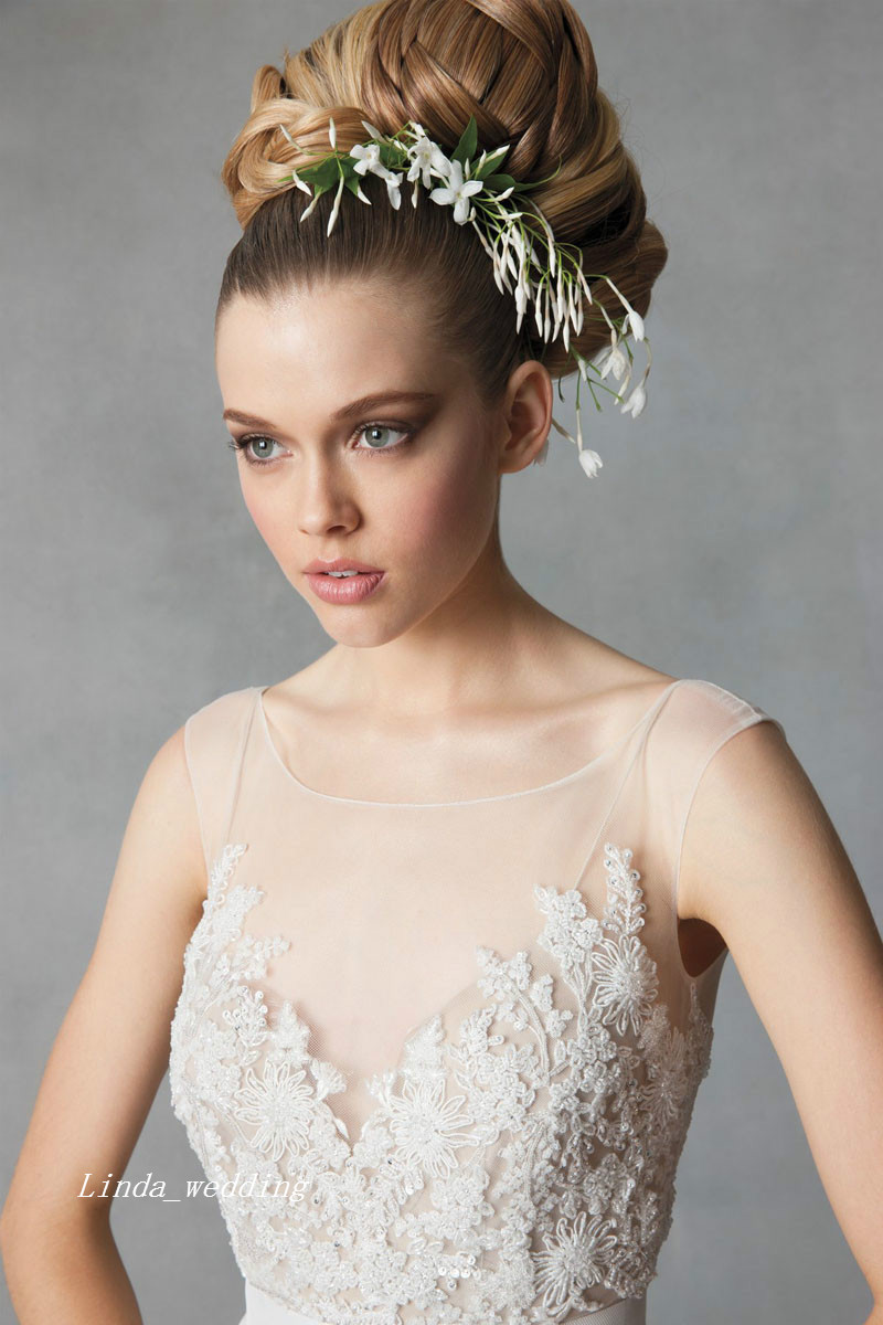 Free Shipping New Vintage Charming Sheer Transparent Tube Illusion Scoop Neck Lace Beach Casual Bridal Gown Wedding Dress Redo