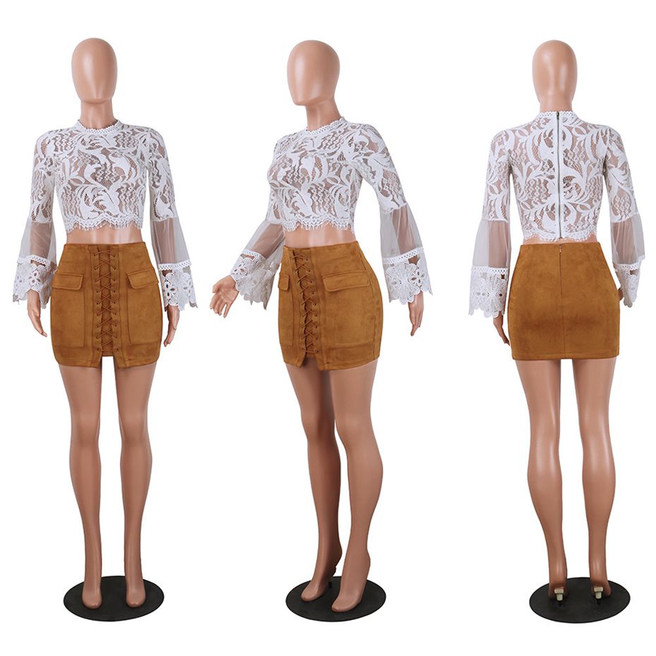 HAOYUAN Lace Sexy Blouse Women Crop Tops See Through Long Sleeve Tops 2017 Autumn Fashion Boho Zip Blouses Black White Shirts q1110