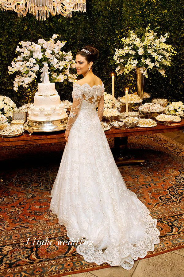 2019 Long Sleeve White Wedding Dresses Unique Princess Lace Off Shoulder A Line Bridal Party Gowns VESTIDOS DE NOIVA