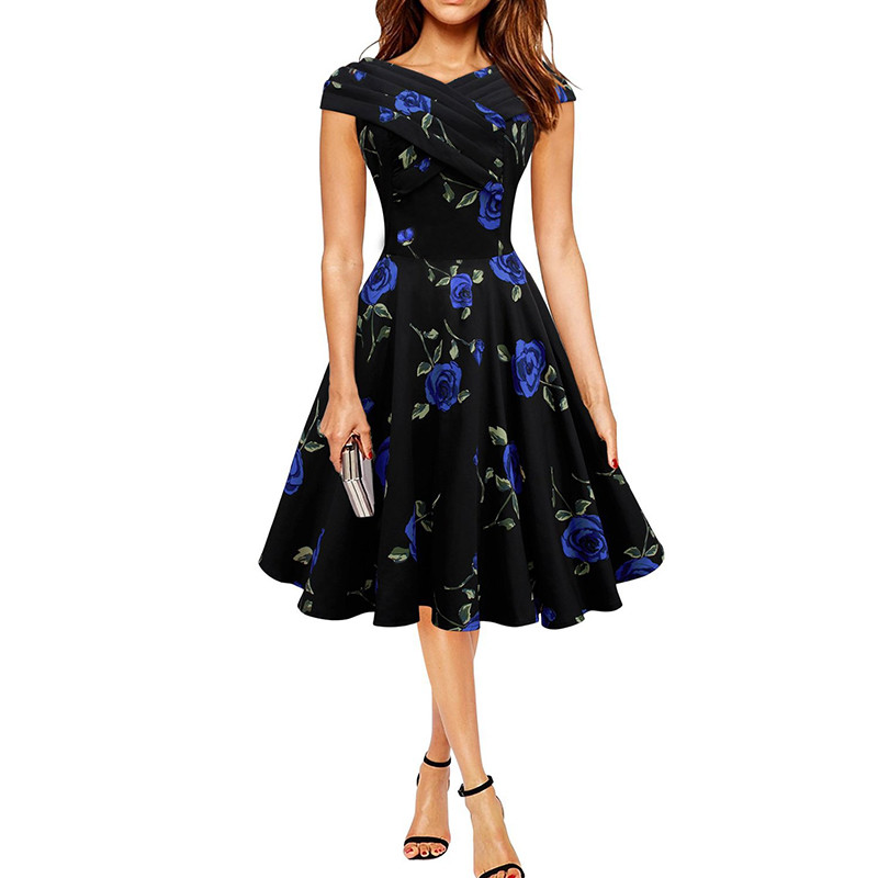 Womens Elegant 50s 60s Vintage Rose Retro Rockabilly Floral Sexy Party Cocktail Skater Wiggle Flare Swing Dress
