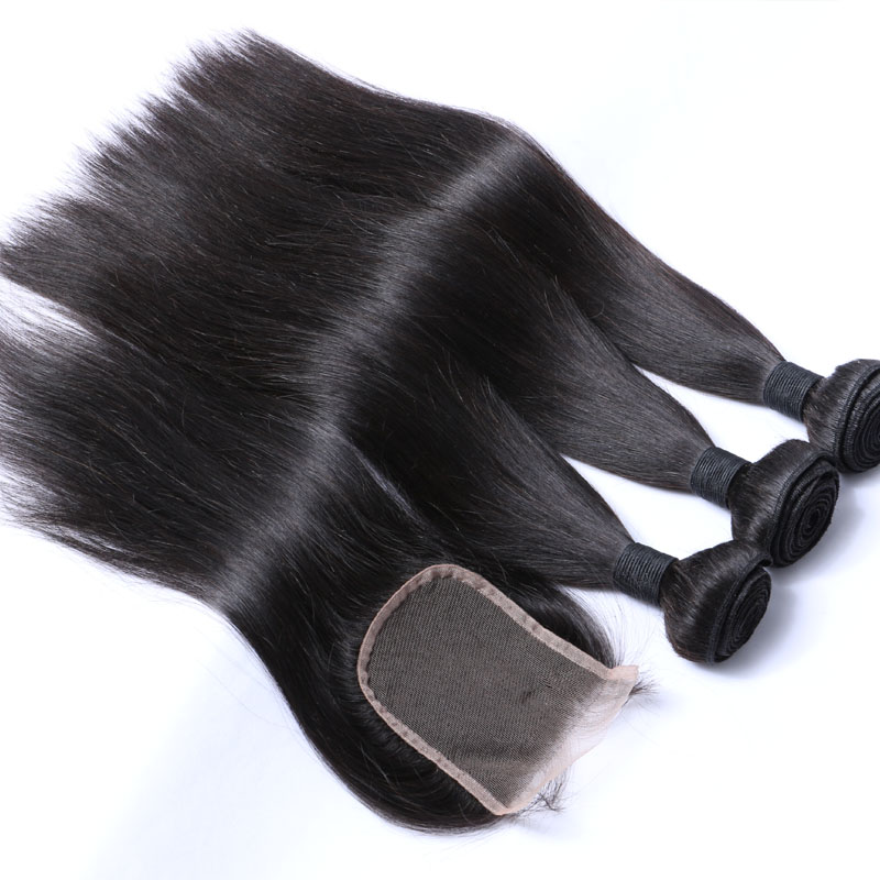 Brazilian Straight Hair Bundles With Closure Human Hair Weaves Closure 3Bundles With Lace Closure 4x4 Free Part Natural Color 1B Color