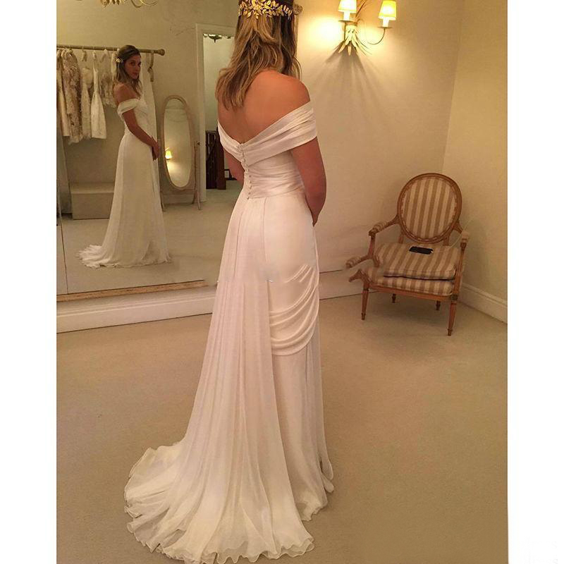 Simple 2016 Chiffon Beach Wedding Dresses Cheap Off Shoulder Pleats Lace Side Split Long Bridal Gowns Custom Made China EN90218