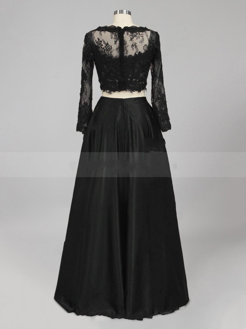 Lace Long Sleeve Two Piece Prom Dresses Black Scoop Neck Tulle Elastic Woven Satin Appliques A-line Floor-length Custom Made