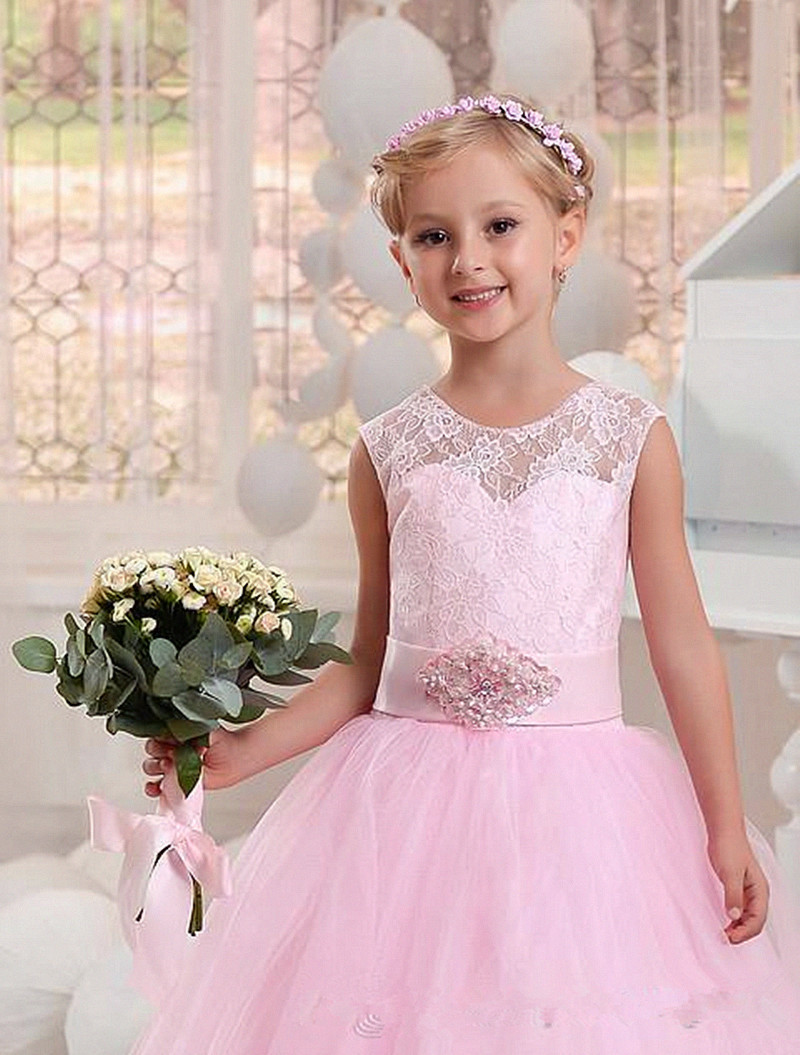 Lace Flower Girls Dresses For Weddings Jewel Neck Crystal Little Girls Gowns First Communion Dress