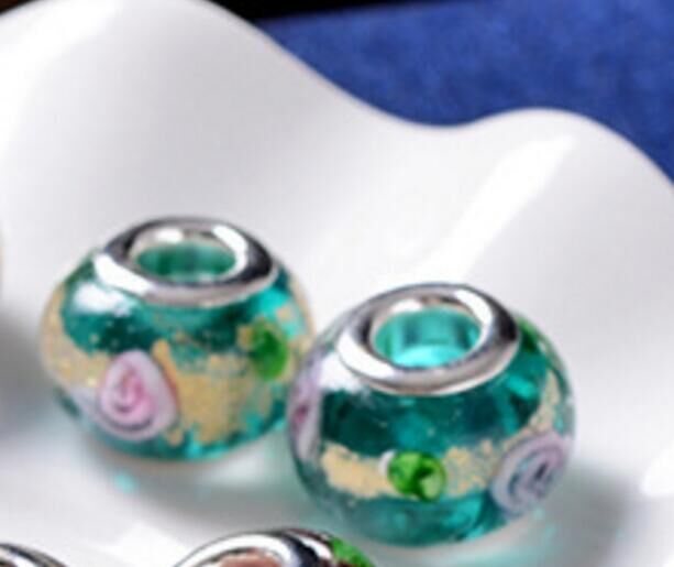 100pcs Lot Fashion Round Foil Flower Lampwork Glass Big hole Beads Fit European Charm Bracelet DIY Jewelry Gift GB06