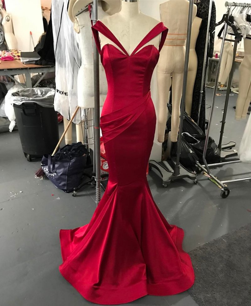 Red Cheap Mermaid Prom Dree Sweetheart Neck Evening Gown Pleated Vetido De Fieta Sweep Train Satin Formal Dre