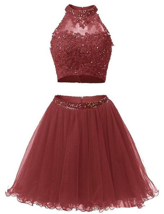 2017 Sexy Mini Short Homecoming Dress Two Piece Beaded Appliques Lace Graduation Cocktail Prom Party Gown QC117