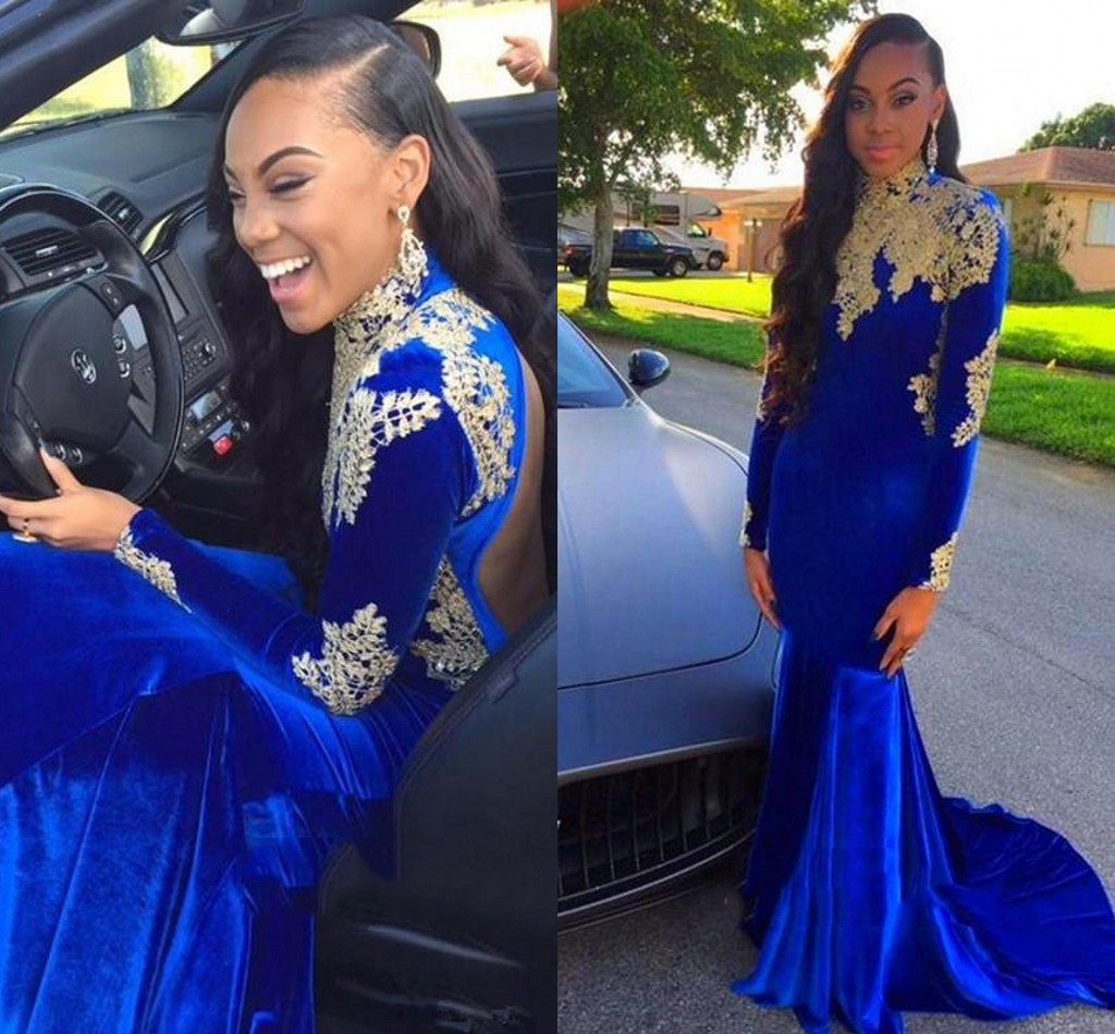 Veet Evening with Blue Gold Aplique High Neck Long Sleeves Prom Dresses Mermaid Style Open Back Affrican Formal Party Gowns 2017