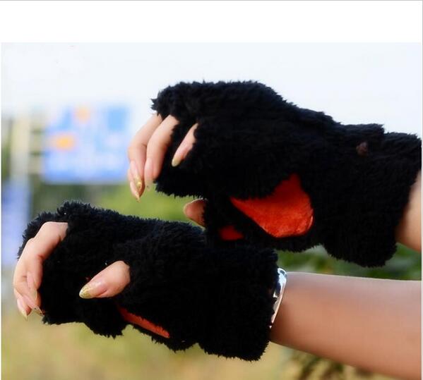 Ladies Winter Fingerless Gloves,Fluffy Bear Cat Plush Paw Claw Half Finger Glove,Soft Half Covered Women Female Gloves Mittens