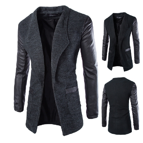 Free shipping 2016 New Fashion Korean Style Men's Jacket Leather Cloth Sleeve Placket Long Coat Slim Woolen Coat Top Sales