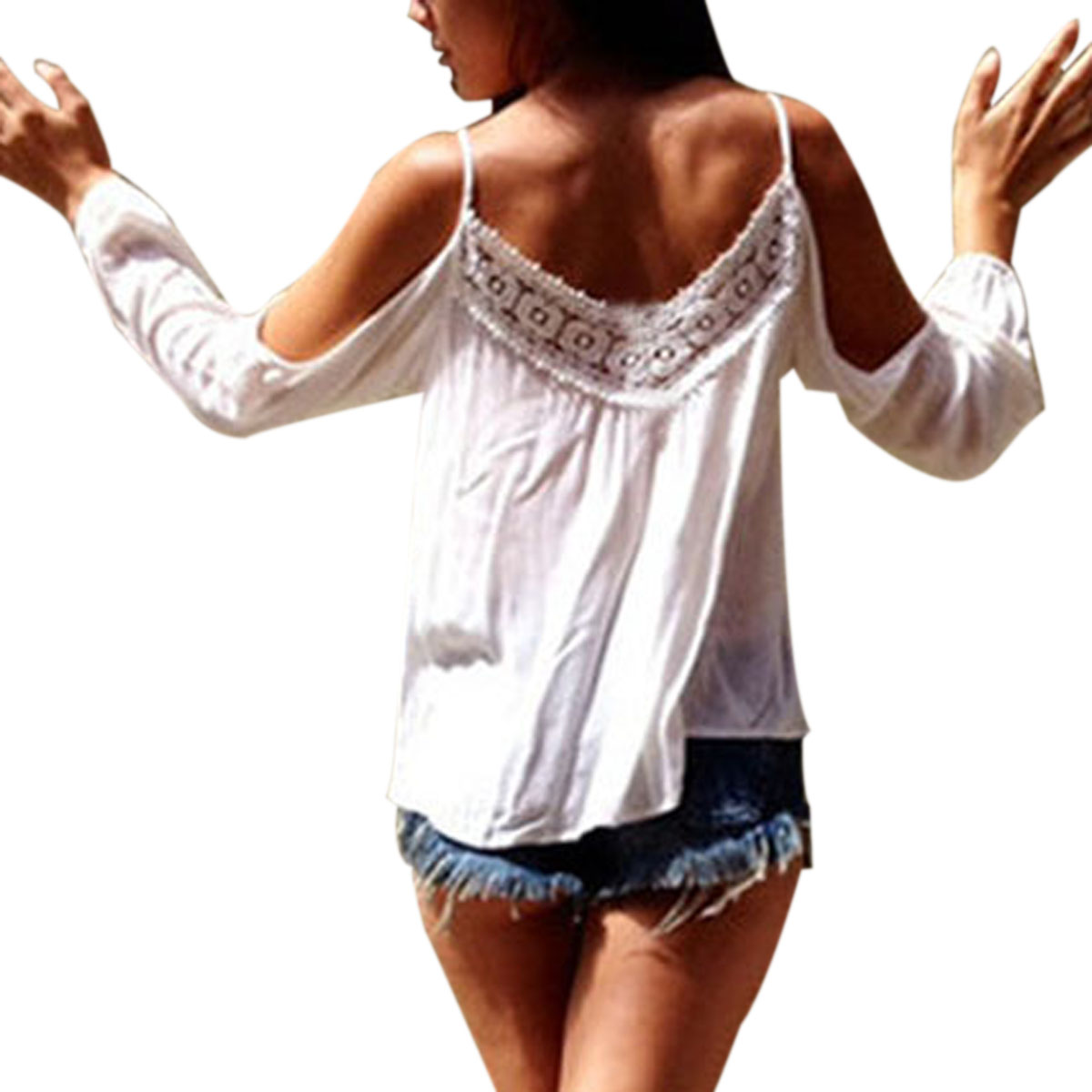 Wholesale-Summer Autumn 2016 New Sexy Women Off Shoulder Blouse Tops Lace Patchwork Long Sleeve Chiffon Loose Blusas Shirt Plus Size