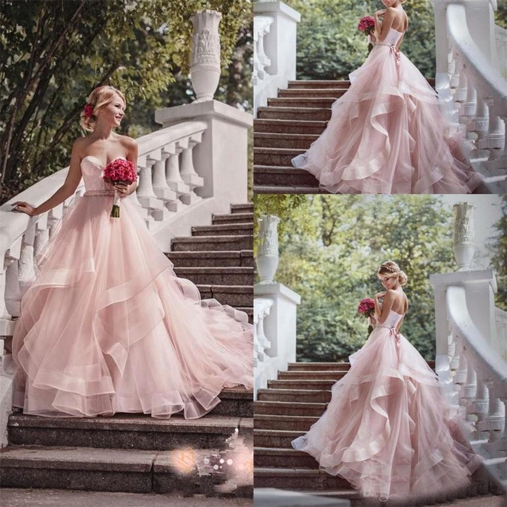 Sweetheart Beads Ruffles Skirt Princess Bohemian Bridal Dresses with Sweep Train Blush Pink Garden Wedding Dresses with Ribbon
Sweetheart Beads Ruffles Skirt Princess Bohemian Bridal Dresses with Sweep Train Blush Pink Garden Wedding Dresses with Ribbon