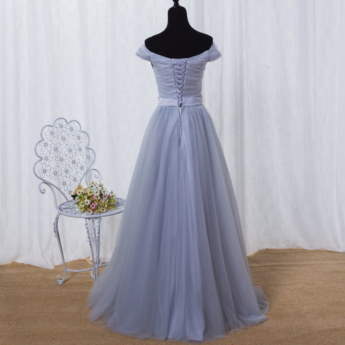 Smoky Gray Bridesmaid Dresses Off Shoulder Lace-up Back Pleats Tulle Wedding Party Dresses Burgundy,Royal Blue,Lavender evening gowns Cheap