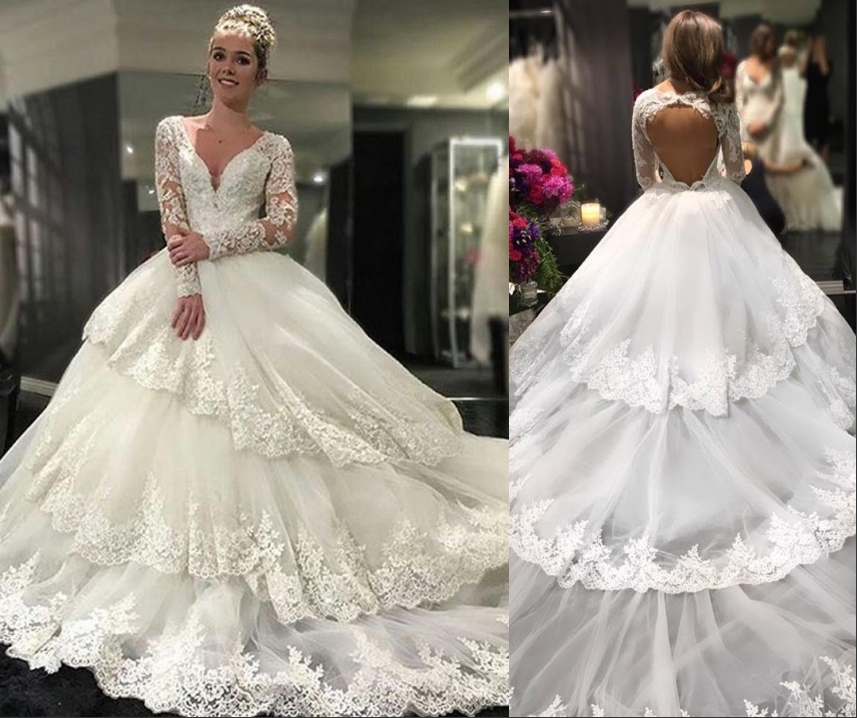 Vintage V-neck Tiered Long Sleeves Ball Gown Wedding Dress with Appliques Lace Backless Beaded Chapel Train Tulle Winter Bridal Gowns