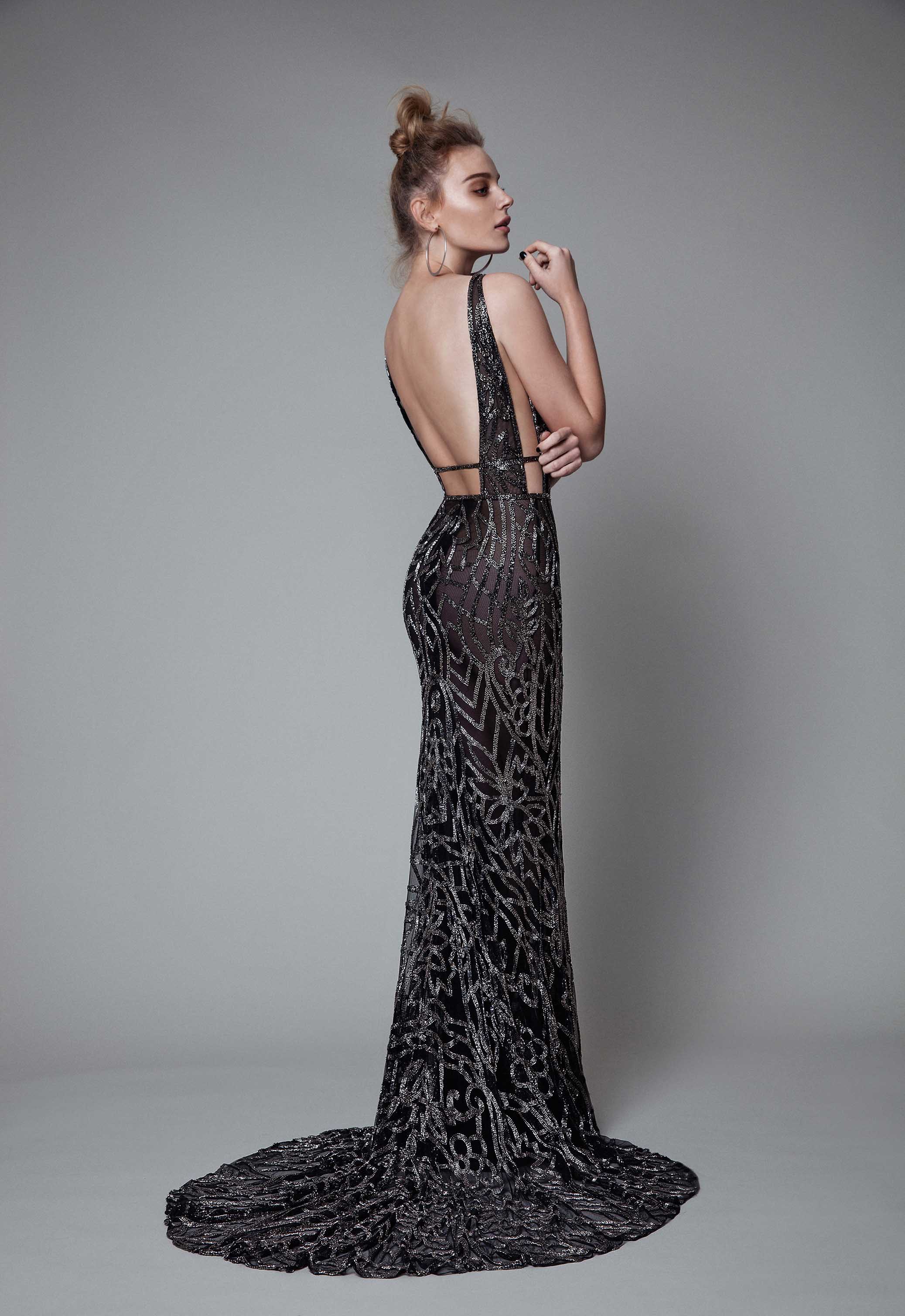 Black Berta Evening Gown Deep V Neck Backless Illusion Mermaid Dresses Evening Wear Full Beads Sexy Elegant Prom Dress Formal Occasion