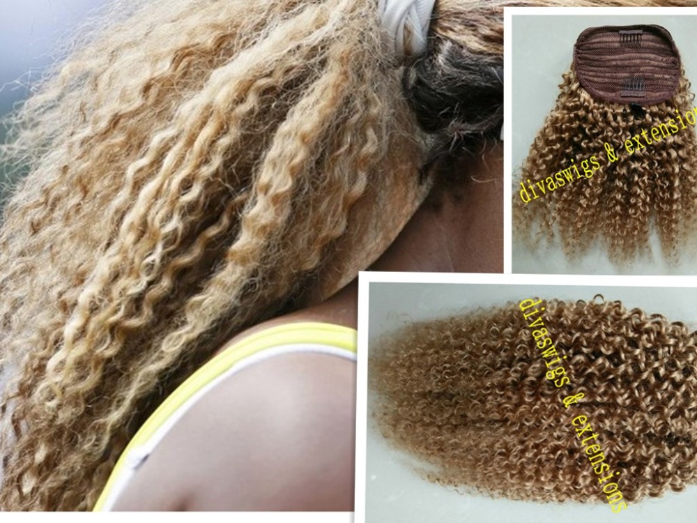 Beyonce blonde ponytail hairstyle kinky curly short high strawberry blond virgin hair pony tail hairpiece with drawstring clip in 120g 140g color #27 