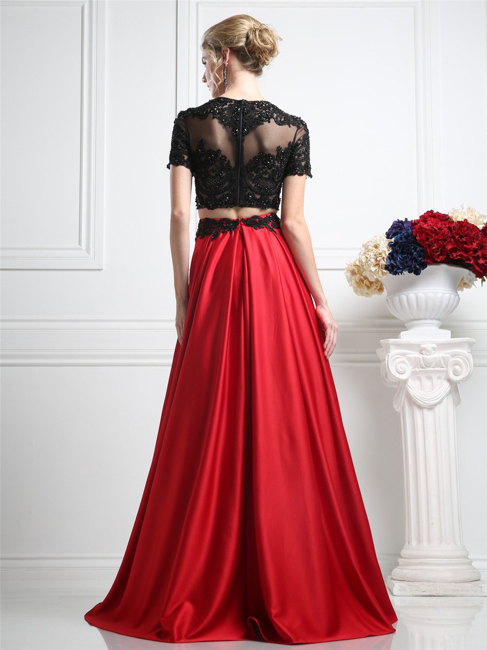 Modest 2016 Black Lace Red Stain Skirt Two Pieces Prom Dresses Long Cheap Jewel Short Sleeve Applique Beaded Floor Length Party Gown EN32410