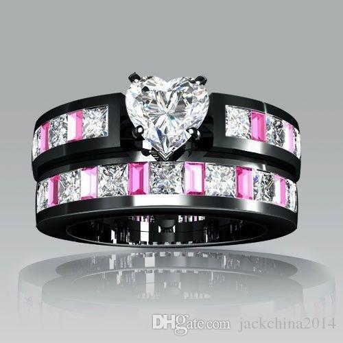 Classic Victoria Wieck Luxury Jewelry Pink sapphire Diamonique cz Diamond 10KT Black Gold Filled 2 Wedding Women Ring Set Size 5-11