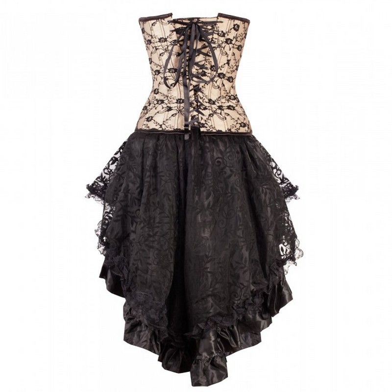 Wholesale Cheap Overbust Floral Black Lace Overlay Corset and Voluminous Layered Skirt Burlesque Formal Dance Corset Skirt Set Costume Dress