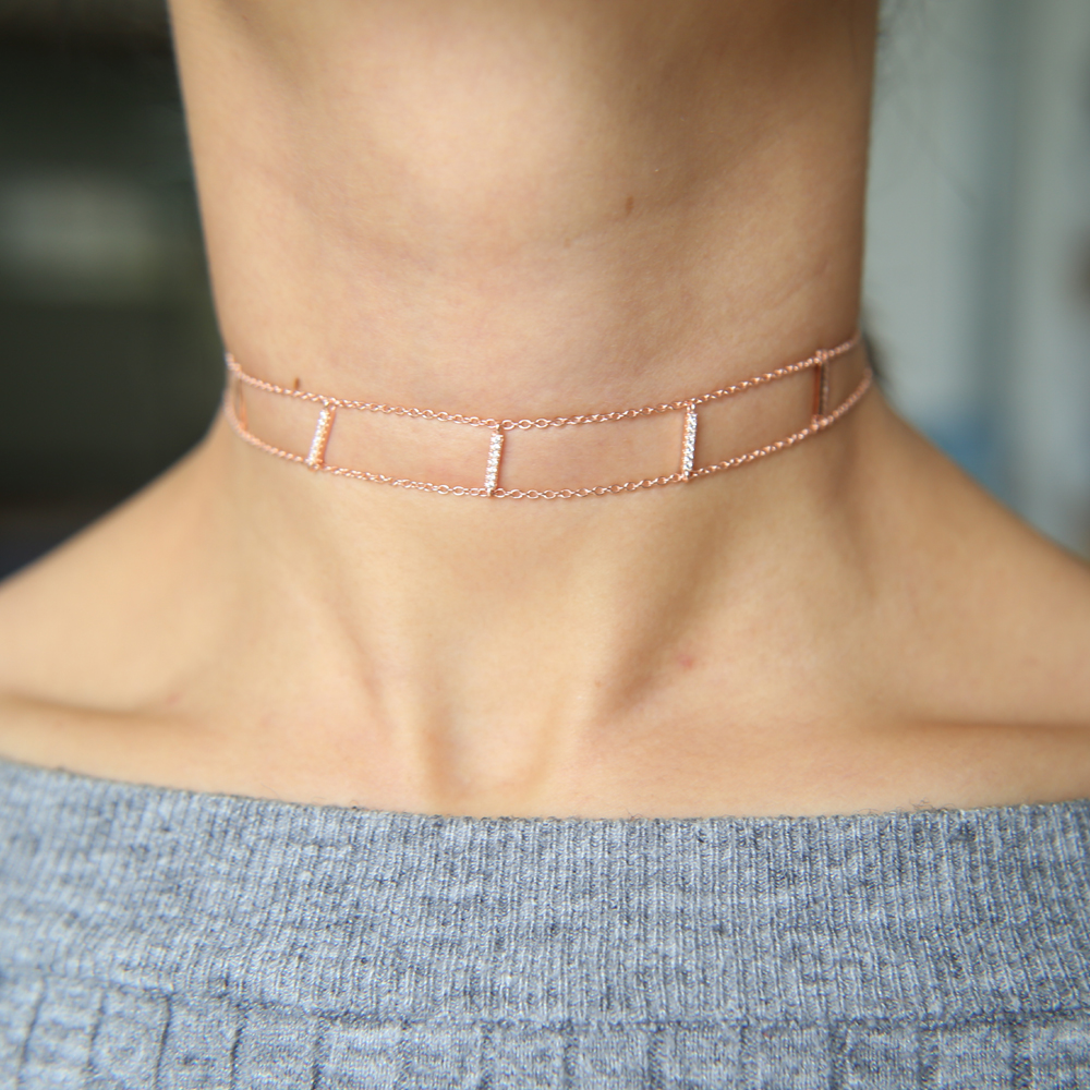 925 sterling silver double chain choker micro pave cz bar choker fashion delicate chain women ladies gift silver choker necklace