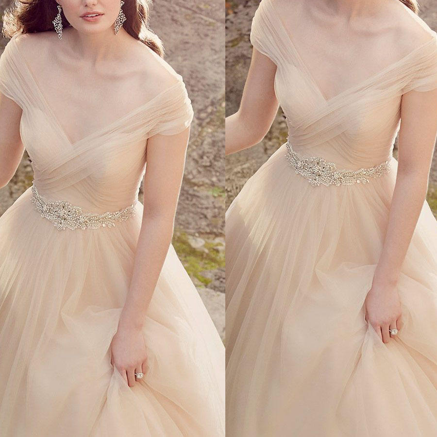 Charming Cap Sleeve Wedding Dress Champagne Ruched Bodice A-Line Beading Sash Simple Tulle Bridal Gowns 2019, Gold
Charming Cap Sleeve Wedding Dress Champagne Ruched Bodice A-Line Beading Sash Simple Tulle Bridal Gowns 2019, Gold
