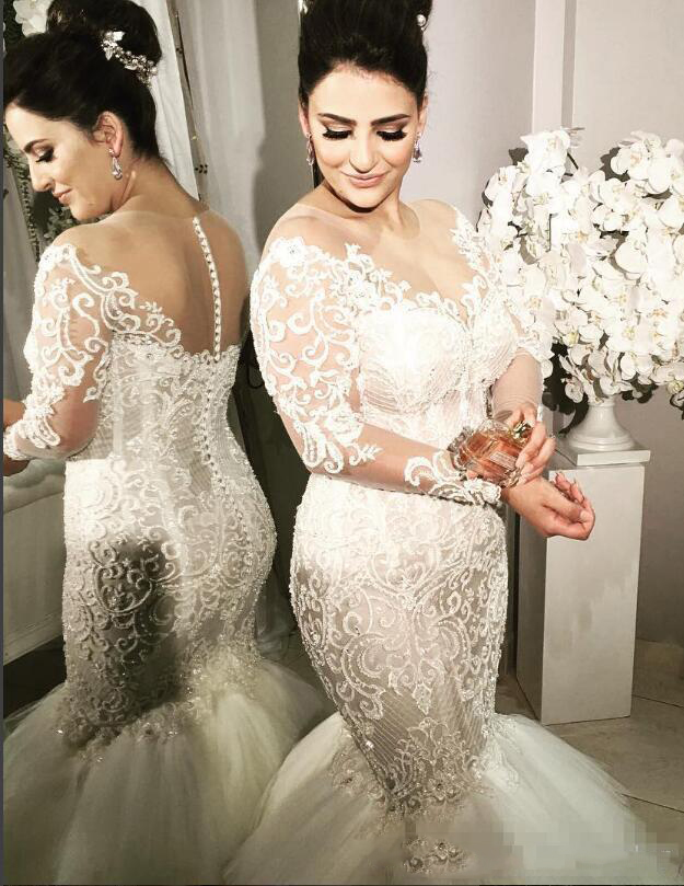 Illusion Jewel Neck Wedding Gown Applique Long Sleeve Covered Button Tulle Tiered Mermaid Bridal Dress Charming Chapel Train Vestido De Novi