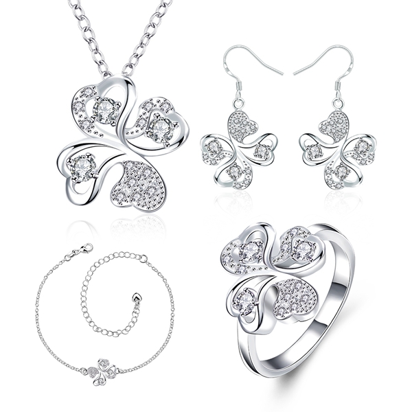 Fashion 925 silver Four Leaf Flower necklace bracelet earring ring a famliy of four jewelry sets STSS034B sterling silver purple gemstone