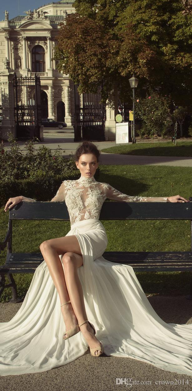 Haute Couture Chiffon Lace Wedding Dress Long Sleeve High Neck Illusion Back Applique Court Train Deep Split Front Garden Bridal Gown