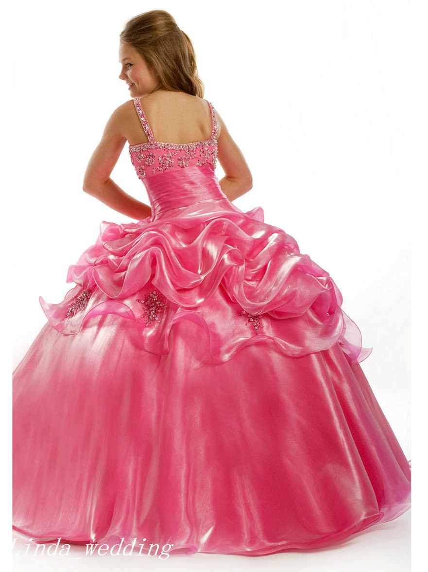 Pink Girl's Pageant Dress Princess Ball Gown Beaded Spaghetti Party Cupcake Prom Dress For Young Short Girl Pretty Dress For Little Kid