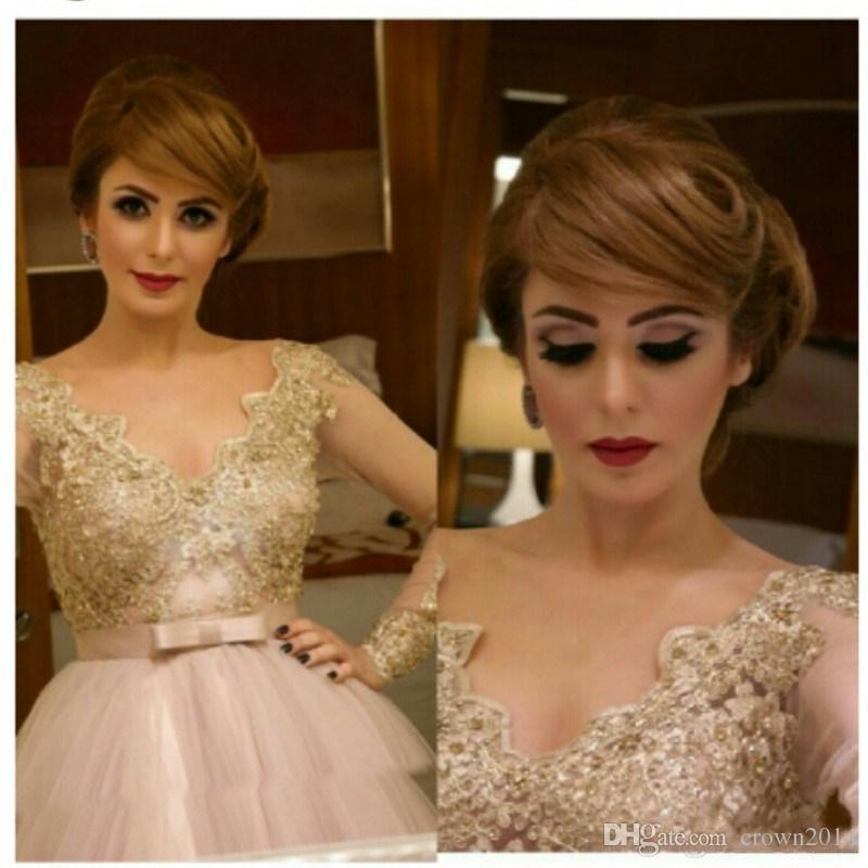Sheer Lace Long Sleeve Tea Length Evening Dresses with V-neck Beaded Applique Arabic Celebrity Dress Champagne Prom Cocktail Dresses