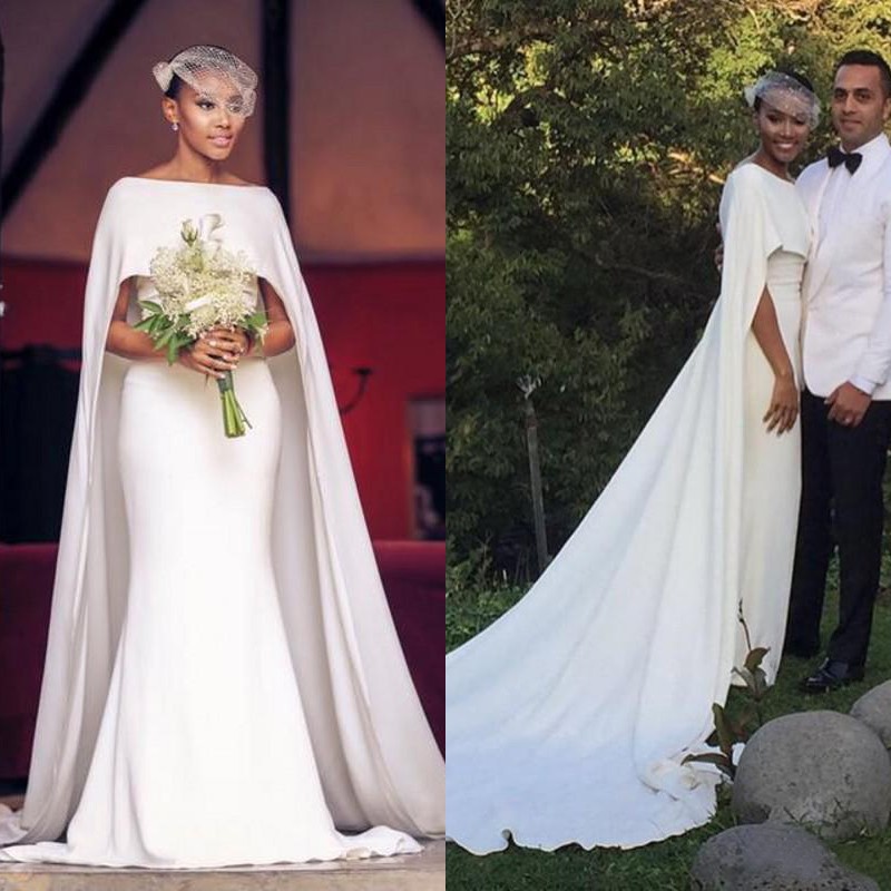 Simple 2017 White Chiffon Mermaid Wedding Dresses With Cowl Backs Cheap Bateau Chapel Train Long Bridal Gowns Custom Made China EN10319