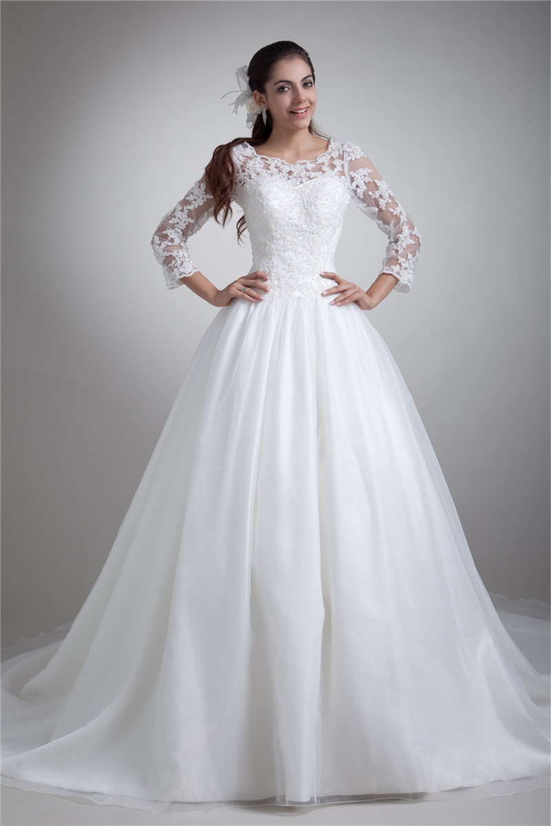 2017 Elegant 3/4 Long Sleeve Lace A-Line Wedding Dresses With Appliques Organza Plus Size Wedding Party Bridal Gowns Vestido De Novia BW12