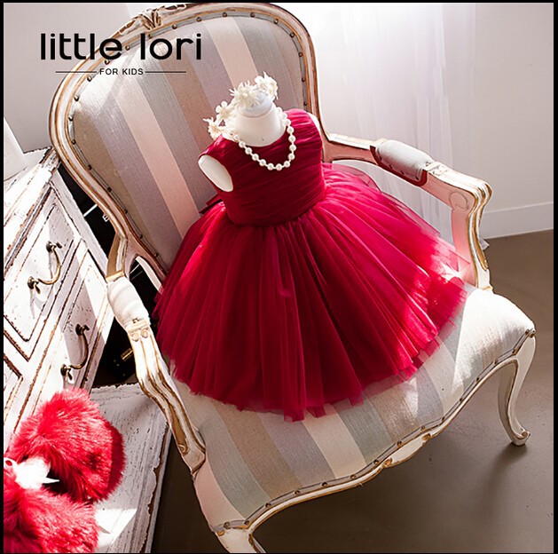 Elegant Girl Summer Dresses 2016 Red Chiffon Girls Wedding Party Birthday Dress Girl Baptism Vestidos with Big Bow 6M-12Y