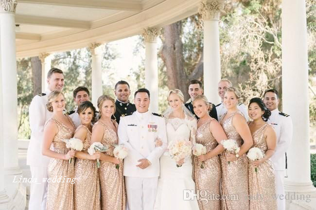 Rose Gold Sparkly Sequins Bridesmaid Dress Popular A-Line V-neck Floor Length Long Maid of Honor Wedding Party Gown