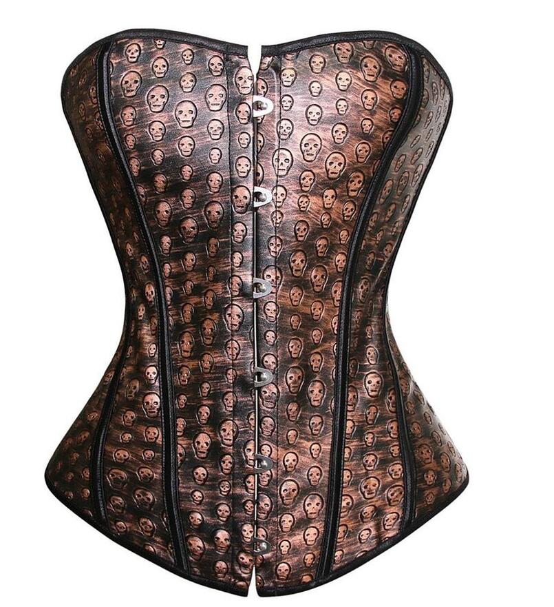 Wholesale-Faux Leather Sexy Brown Overbust Corset with Skull Print Halloween Pirate Costume Dancer Top Plus Size S-6X