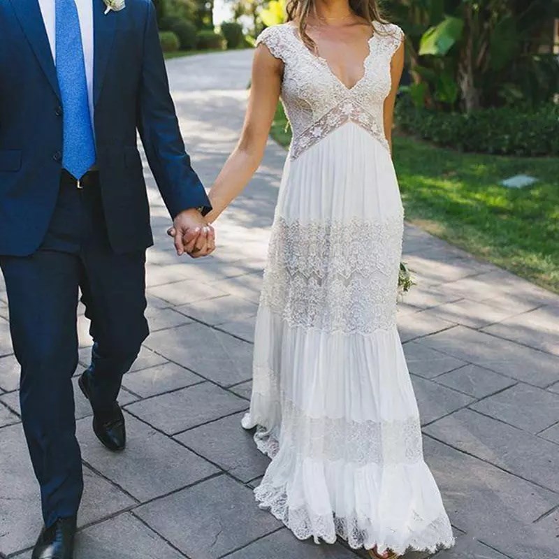 Beach Wedding Dresses Free Shipping Lace Deep V Neck Bohemian Bridal Gowns A Line Backless Sexy Custom Made Wedding Dresses