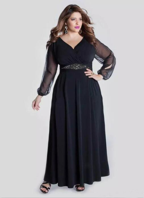 Black Chiffon Plus Size Prom Dresses Long With Illusion Sleeves 2019 Cheap V Neck Beaded Sash Ankle Length Formal Dresses Custom Made EN9218