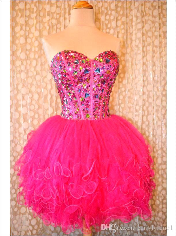Wonderful Sweetheart Crystals Hot Pink Puffy Tulle Ball Gown Short Homecoming Colorful Rhinestones Cocktail Prom Graduation Dresses BO7806