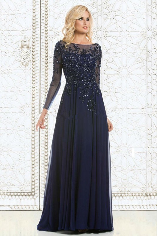 Long Sleeves Evening Dress High Quality Navy Blue Applique Chiffon Women Wear Prom Party Dress Formal Event Gown Mother Of The Bride Dress