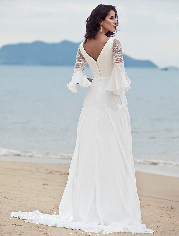 High Quality Wedding Guest Dresses A Line V Neck Floor Length Long Backless Chiffon Lace Women Wear Bridal Party Gowns