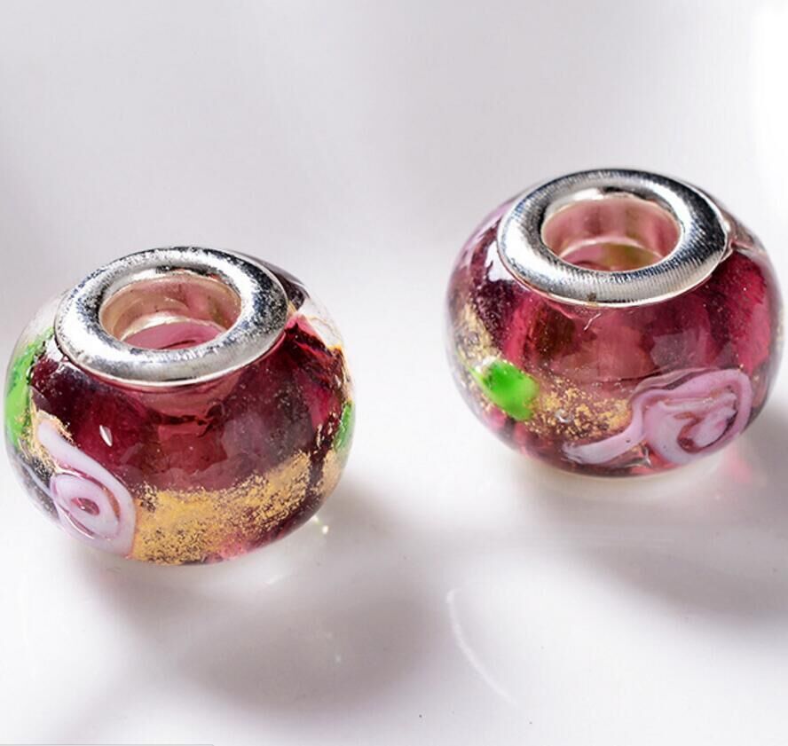 100pcs Lot Fashion Round Foil Flower Lampwork Glass Big hole Beads Fit European Charm Bracelet DIY Jewelry Gift GB06
