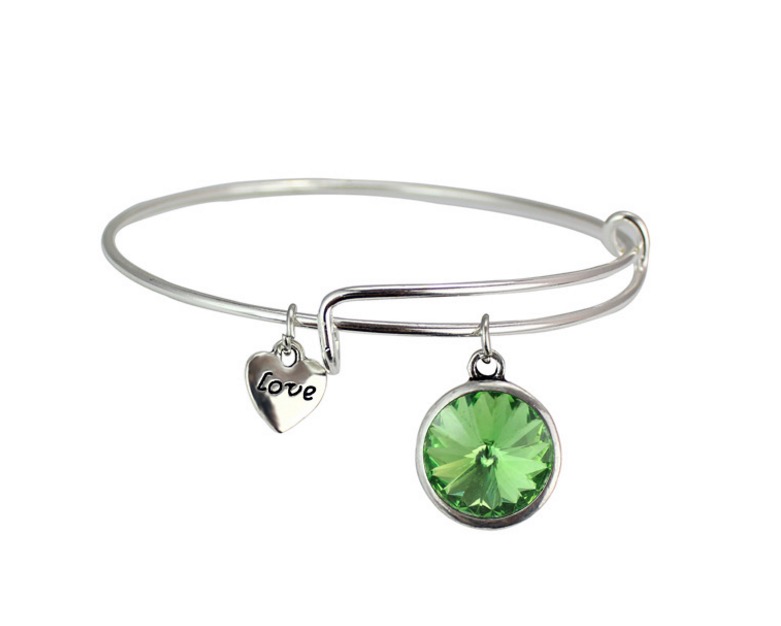 Women Bangle silver bangles birthstone crystal bangle adjustable expandable wire love heart bracelet girls birth stone jewelry