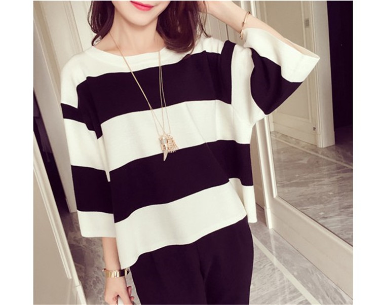 Women Stripe Cardigan Loose Knitted Sweater Middle Sleeves Tunic Tops Tees Sweater Coat Ladies Fashion Outwear Coat Female, Black/white