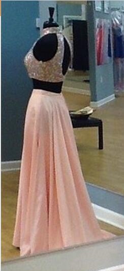 Modern Two Pieces Prom Dresses High Neck Crystal Beads Long Party Evening Gowns Hollow Back Side Split Plus Size 2016 Ocn Dress