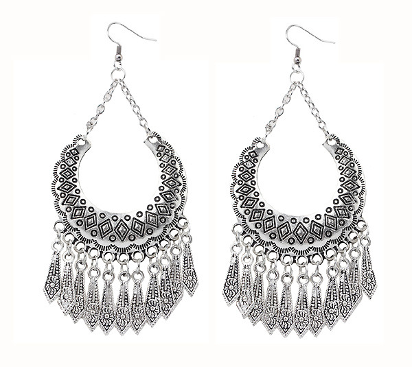 European Vintage Ethnic Wind Antique Silver Tassel Earrings Bohemia Moon Drop Tibetan Silver Earring Jewelry For Women