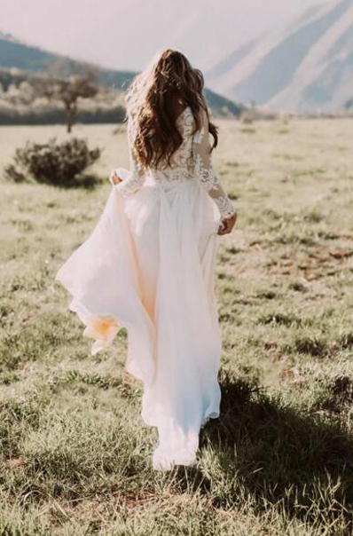 Bohemian Country Wedding Dresses With Sheer Long Sleeves 2017 Bateau Neck A Line Lace Applique Chiffon Boho Bridal Gowns Cheap EN9161