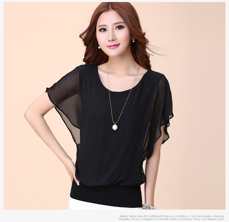 New Womens Tops Fashion 2016 Women Summer Chiffon Blouse Plus Size Ruffle Batwing Short Sleeve Casual Shirt Black White Red Blue