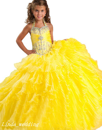 Cute Yellow Girl's Pageant Dress Princess Halter Beaded Ruffles Party Cupcake Prom Dress For Short Girl Pretty Dress For Little Kid