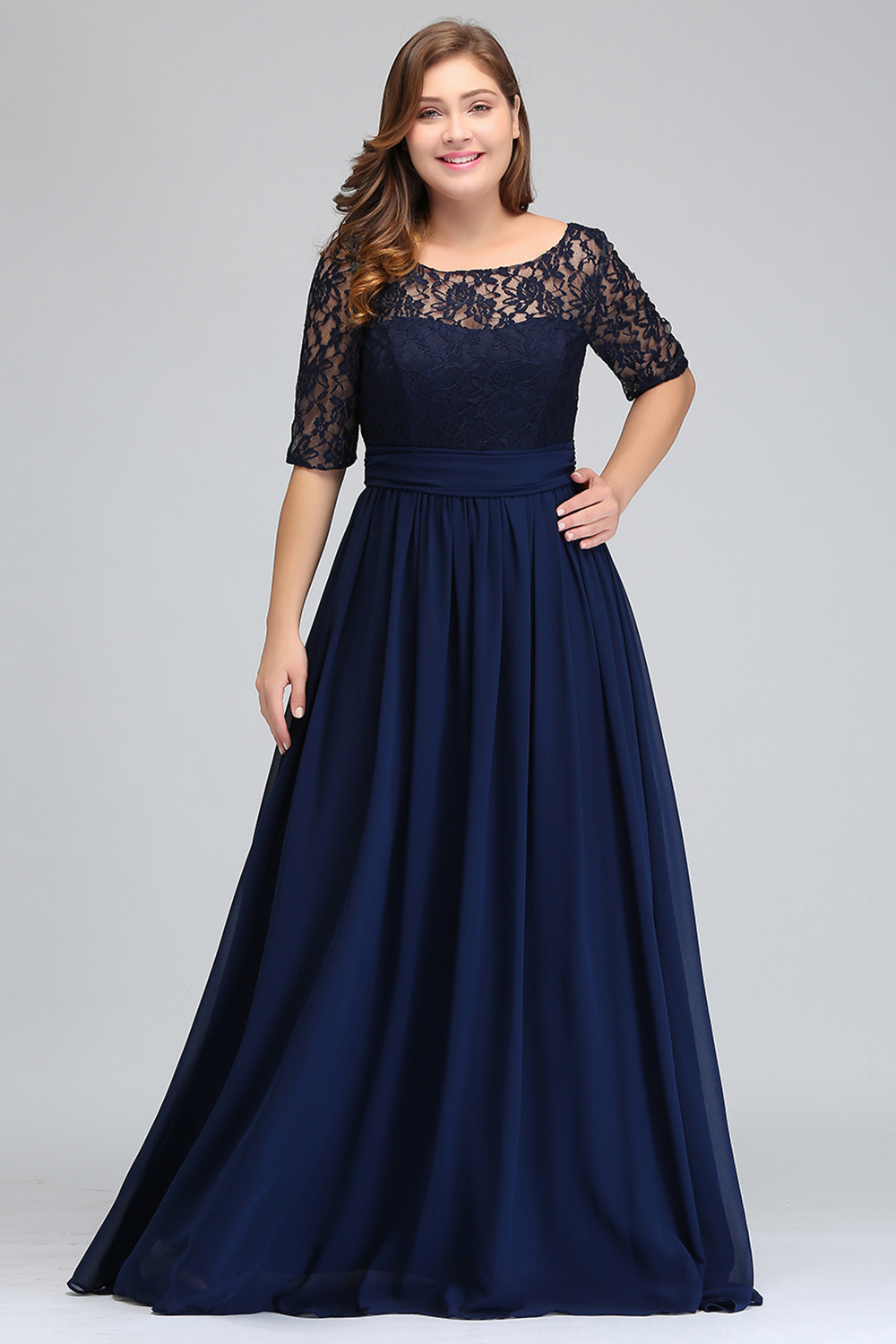 Dark Navy Black Bury Half Long Sleeves Plus Size Prom Lace Top A Line Chiffon V Back Mother Of Bride Dresses Cheap Gowns Cps522